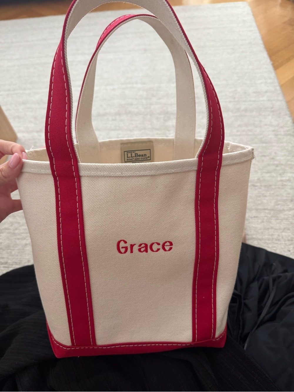 L.L. Bean Cream and Red Personalized Canvas Tote Bag - Grace